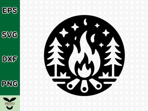 Campfire in Pine Forest Night Silhouette