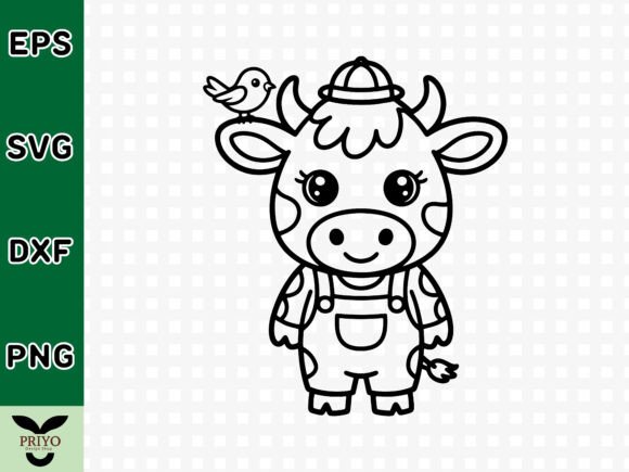 Cute Baby Cow Character with Small Bird